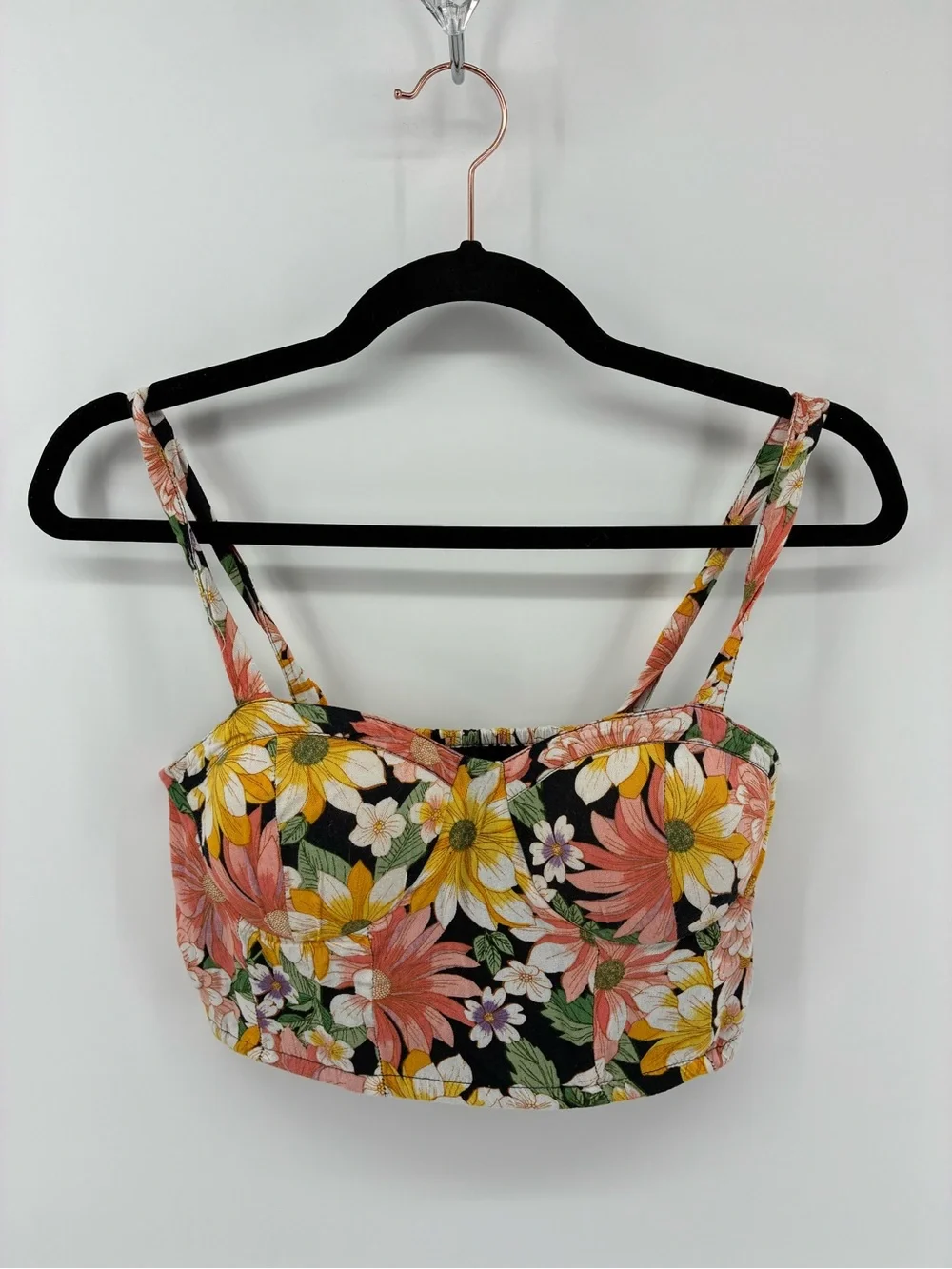 Floral Print Padded Crop Tank Top - Pink, Yellow & White - Picture 1 of 9